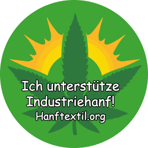 GRafik Grüner Ansteckbutton mit Hanfblatt und einer stilisierten Sonne dahinter. Mit der Aufschrift "Ich unterstütze Industriehanf! Hanftextil.org"